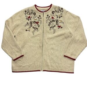 Croft & Barrow 2X Bird Embroidered Zip Front Cardigan Silk Blend Beige Cardinal